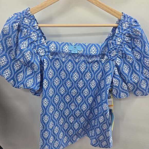 Cece Blue White Square Neckline Puff Sleeve Blouse Size Small - Picture 1 of 10